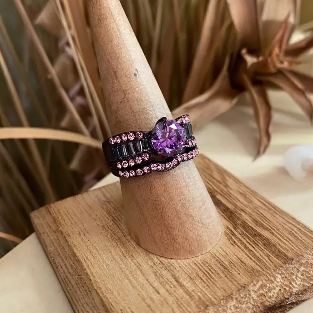 Amethyst CZ Ring-Brown Stainless Steel Multi-Band Design